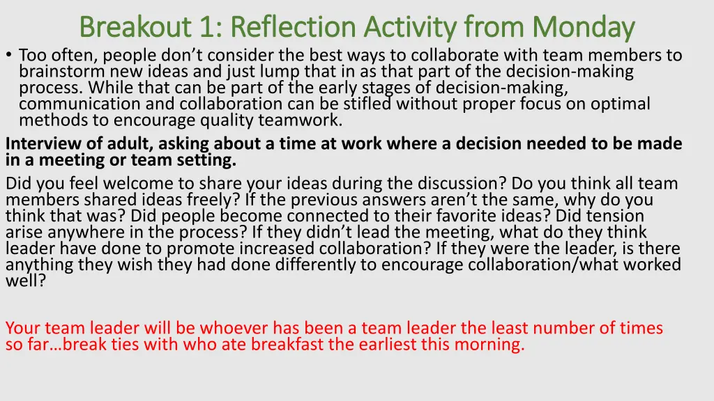 breakout 1 reflection activity from monday