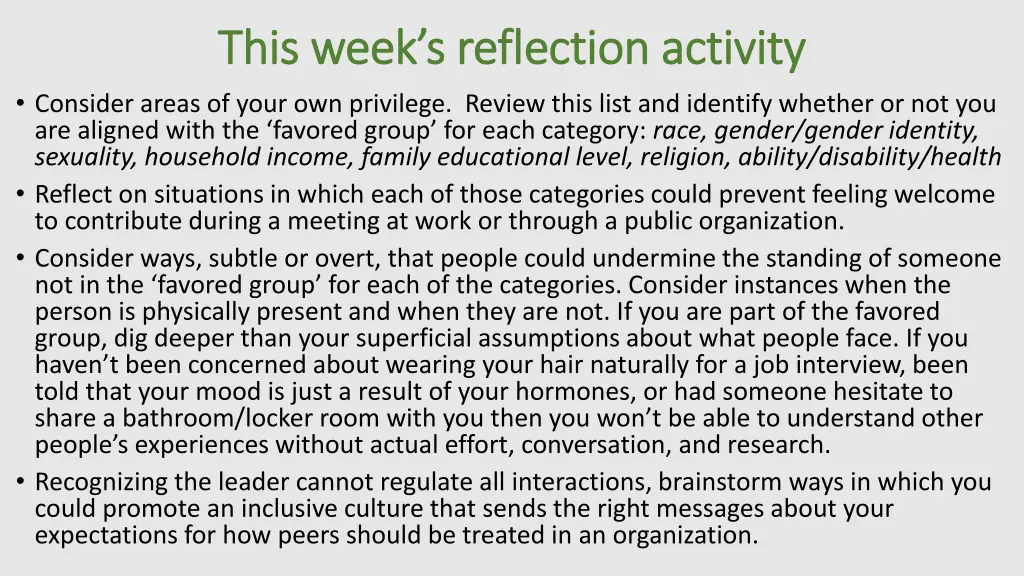 this week s reflection activity this week