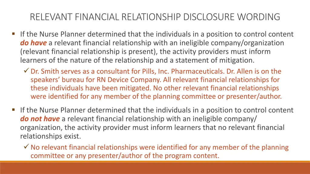relevant financial relationship disclosure wording