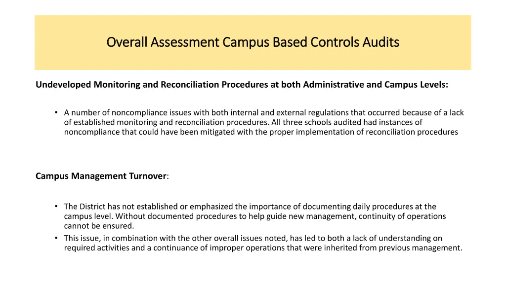 overall assessment campus based controls audits 2
