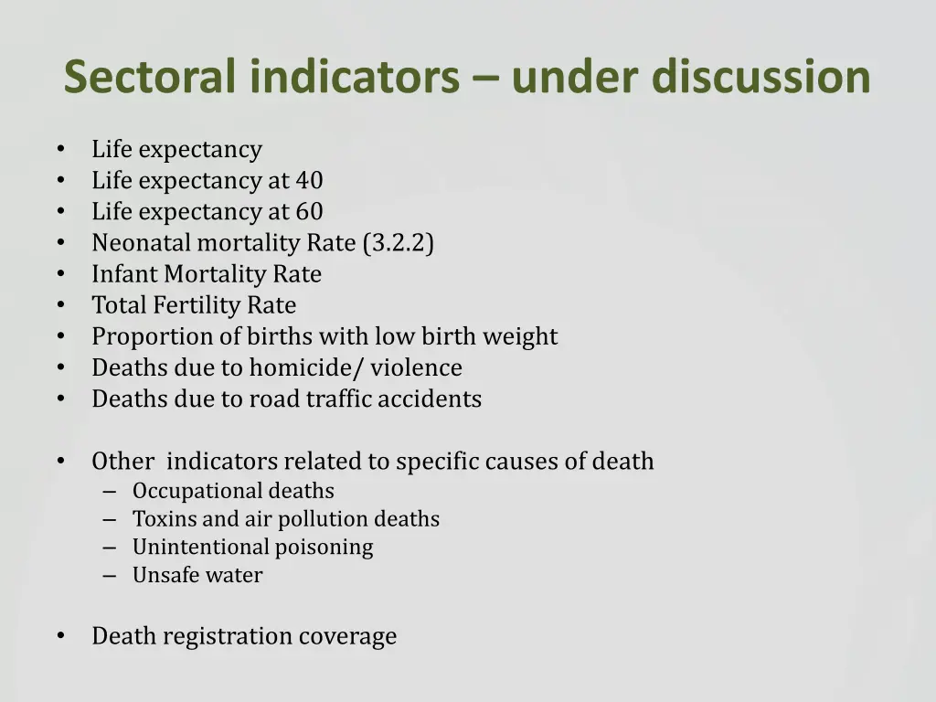 sectoral indicators under discussion