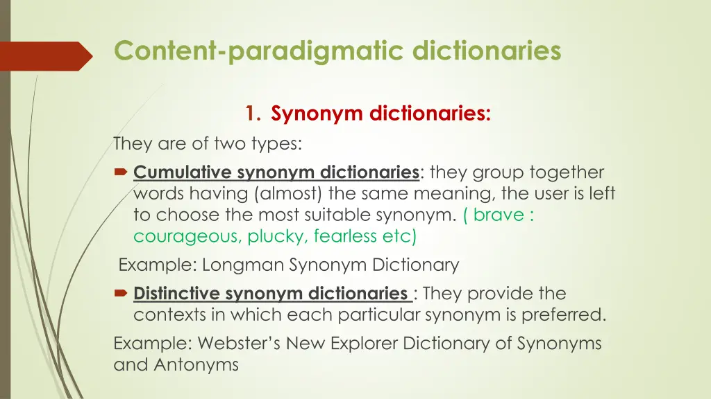 content paradigmatic dictionaries