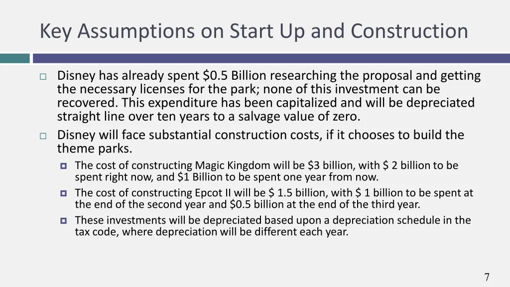 key assumptions on start up and construction