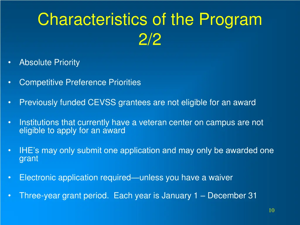 characteristics of the program 2 2