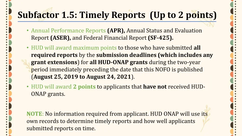 subfactor 1 5 timely reports up to 2 points 1