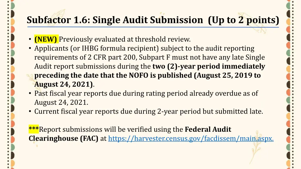 subfactor 1 6 single audit submission
