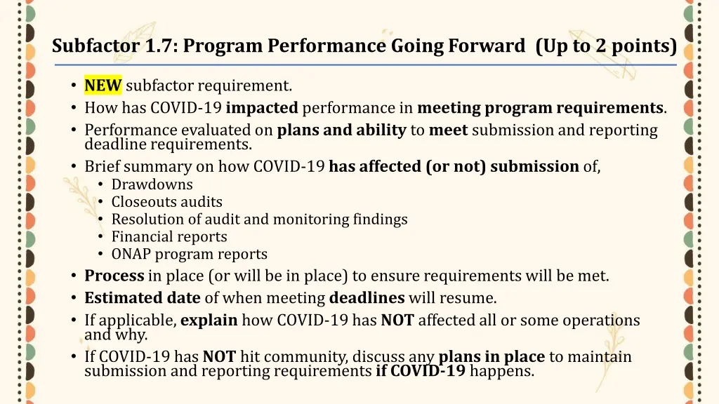 subfactor 1 7 program performance going forward