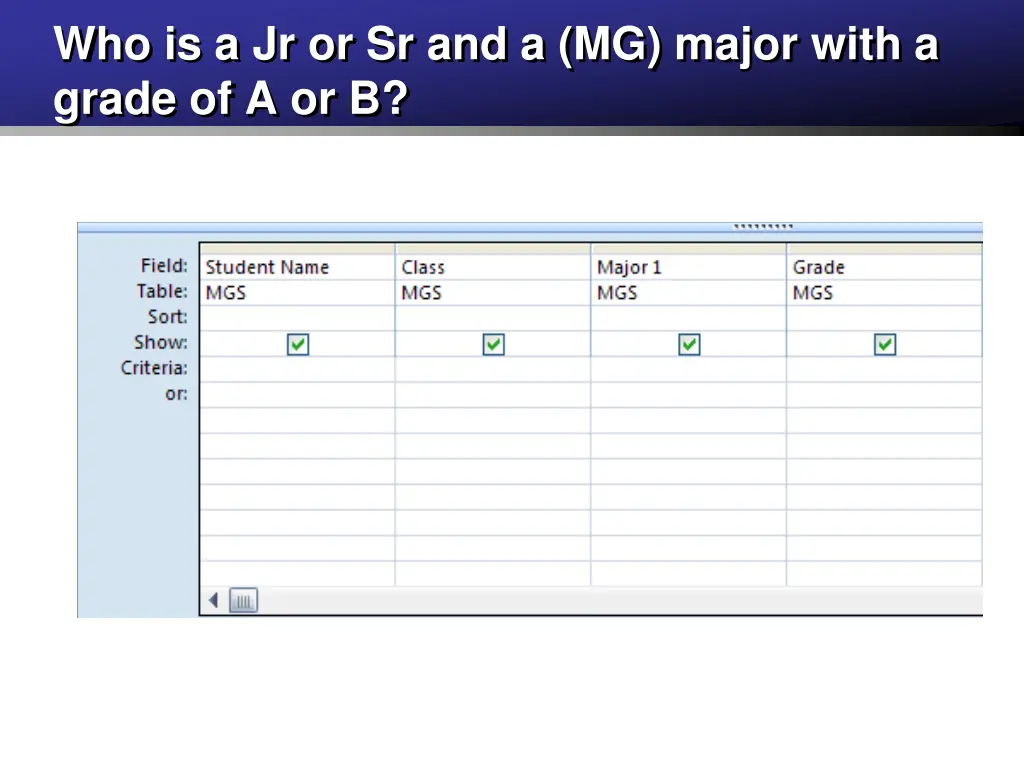 who is a jr or sr and a mg major with a grade
