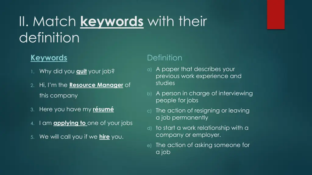 ii match keywords with their definition