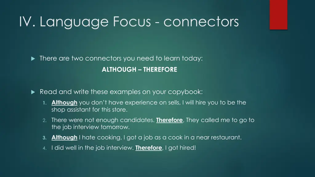 iv language focus connectors
