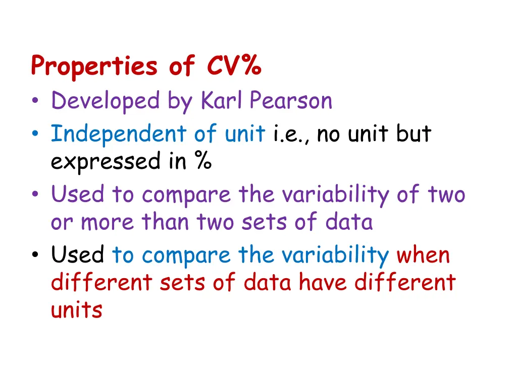 properties of cv developed by karl pearson