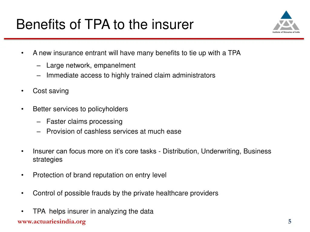 benefits of tpa to the insurer