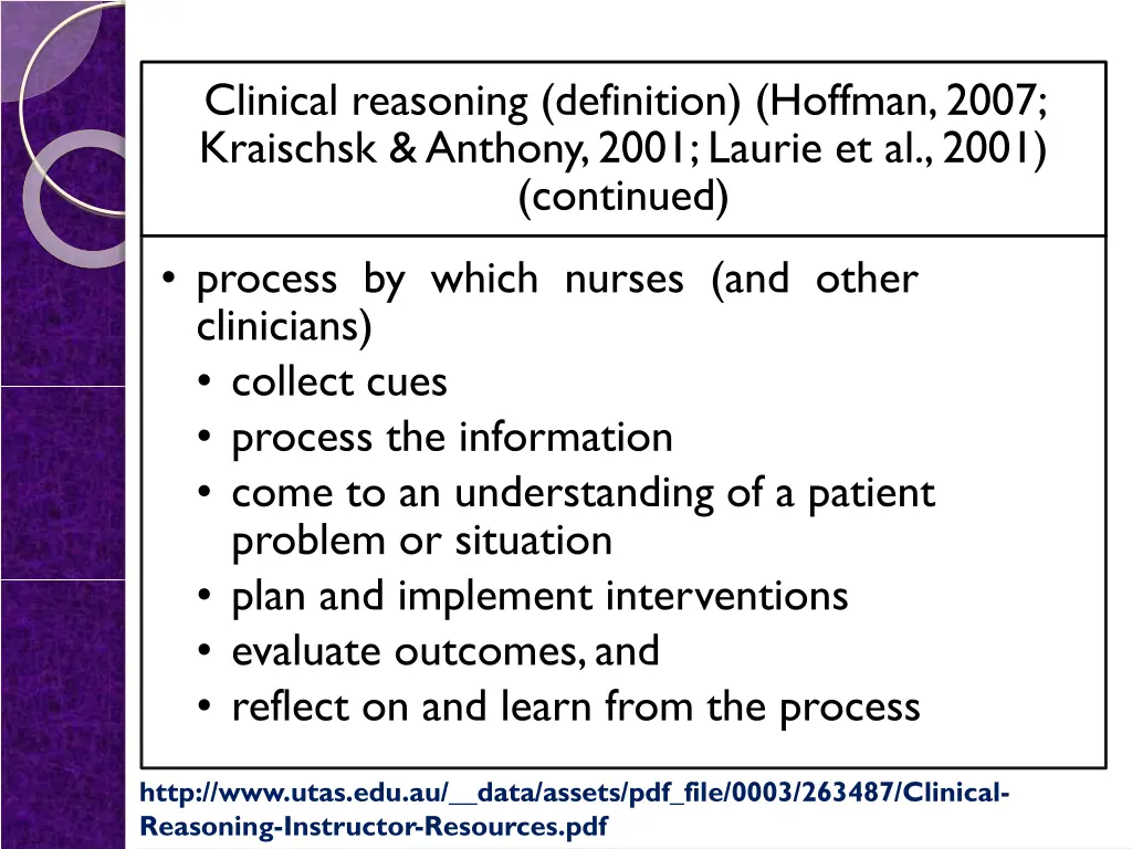 clinical reasoning definition hoffman 2007