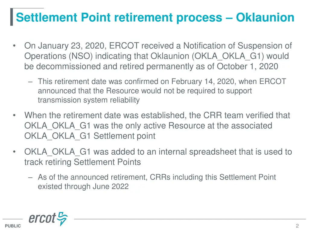 settlement point retirement process oklaunion