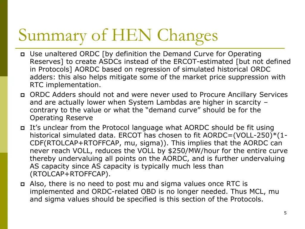 summary of hen changes
