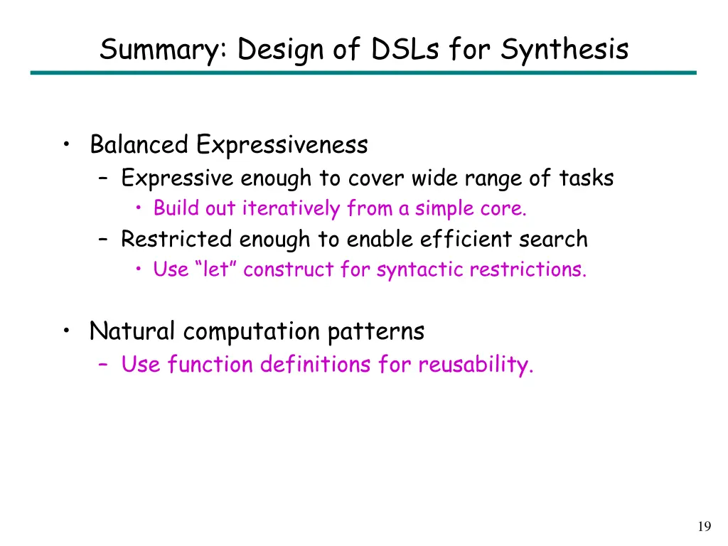 summary design of dsls for synthesis