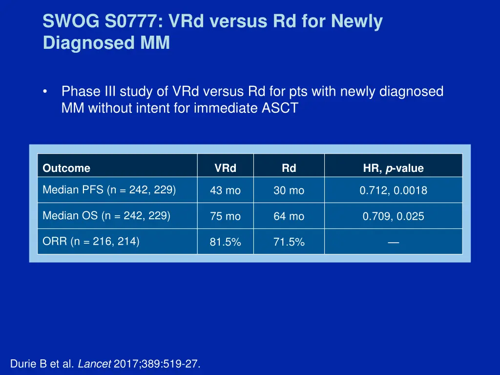 swog s0777 vrd versus rd for newly diagnosed mm