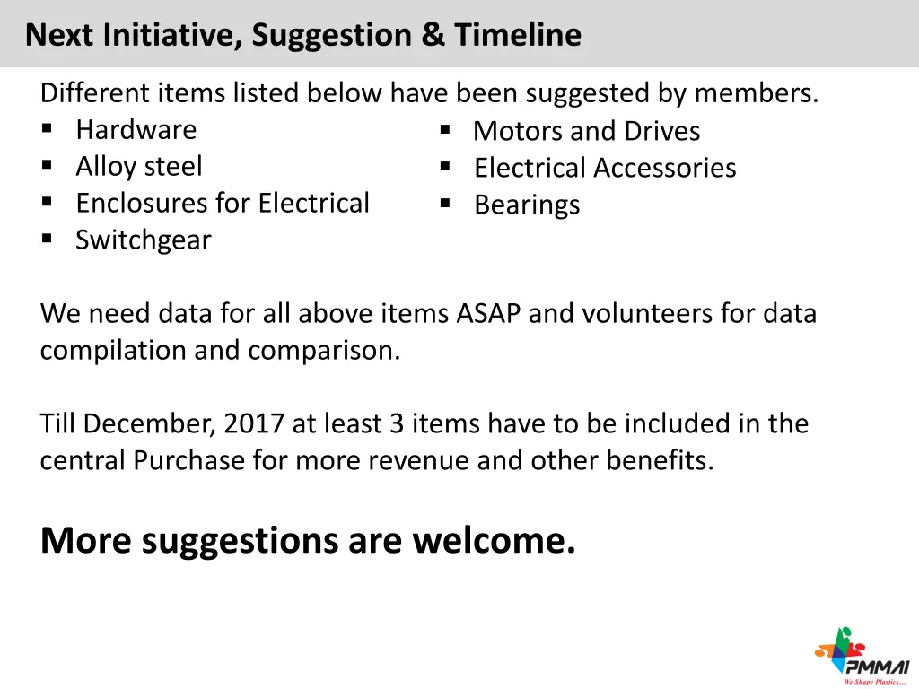 next initiative suggestion timeline
