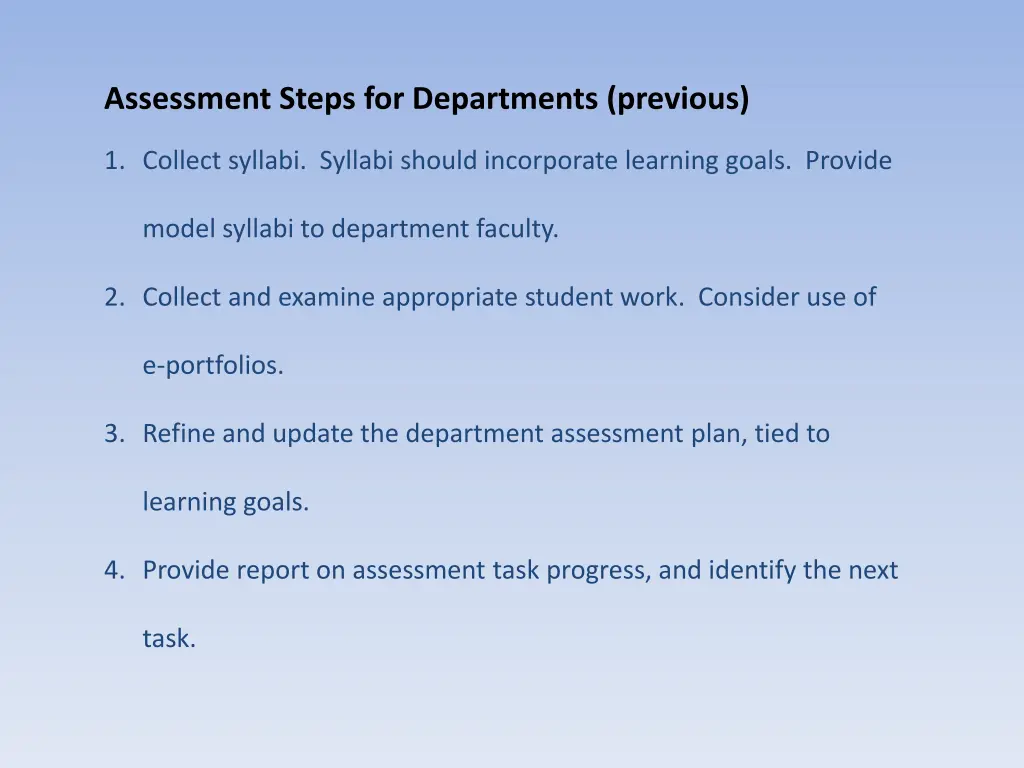assessment steps for departments previous