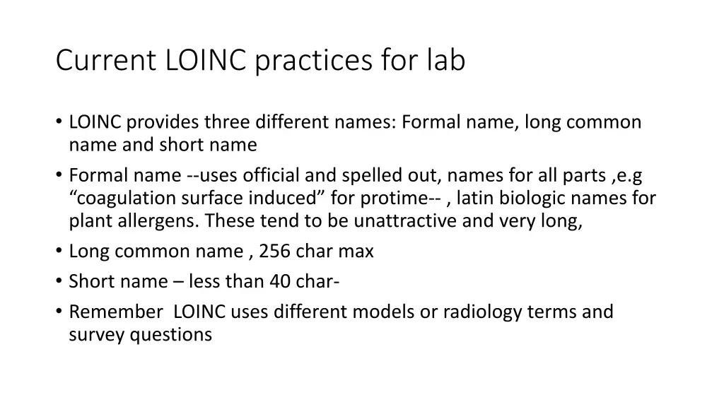 current loinc practices for lab
