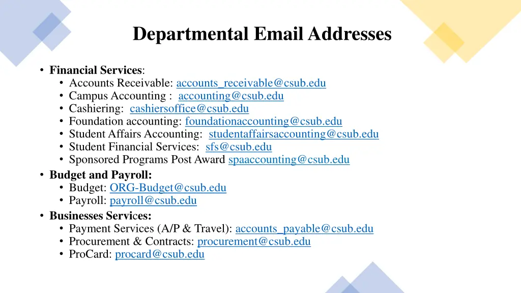 departmental email addresses