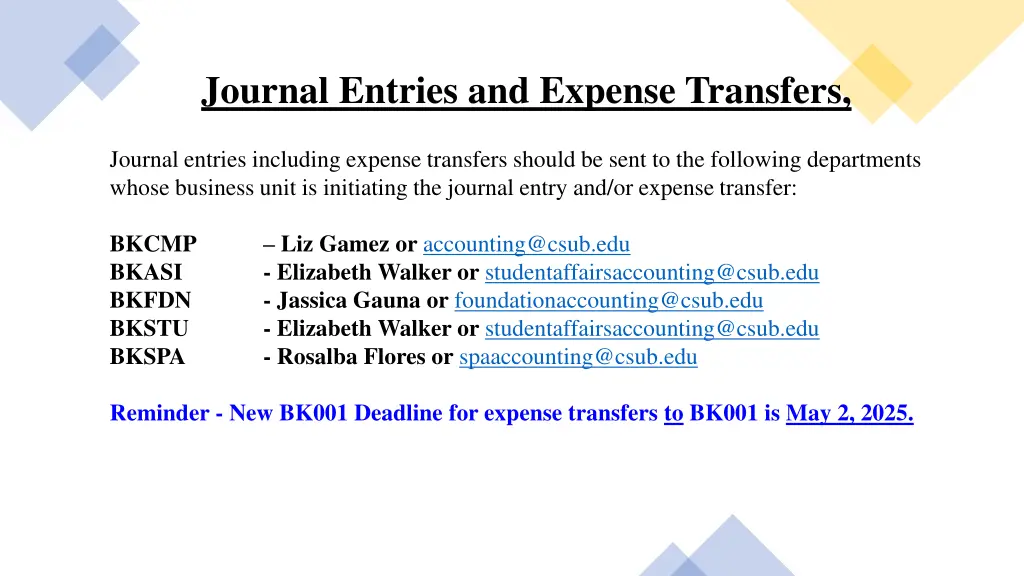 journal entries and expense transfers