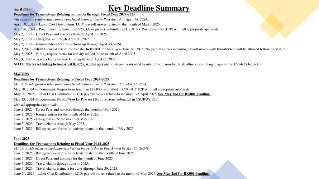 key deadline summary