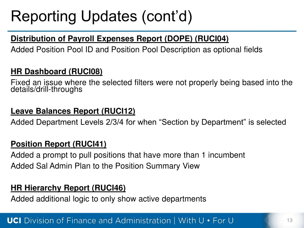 reporting updates cont d