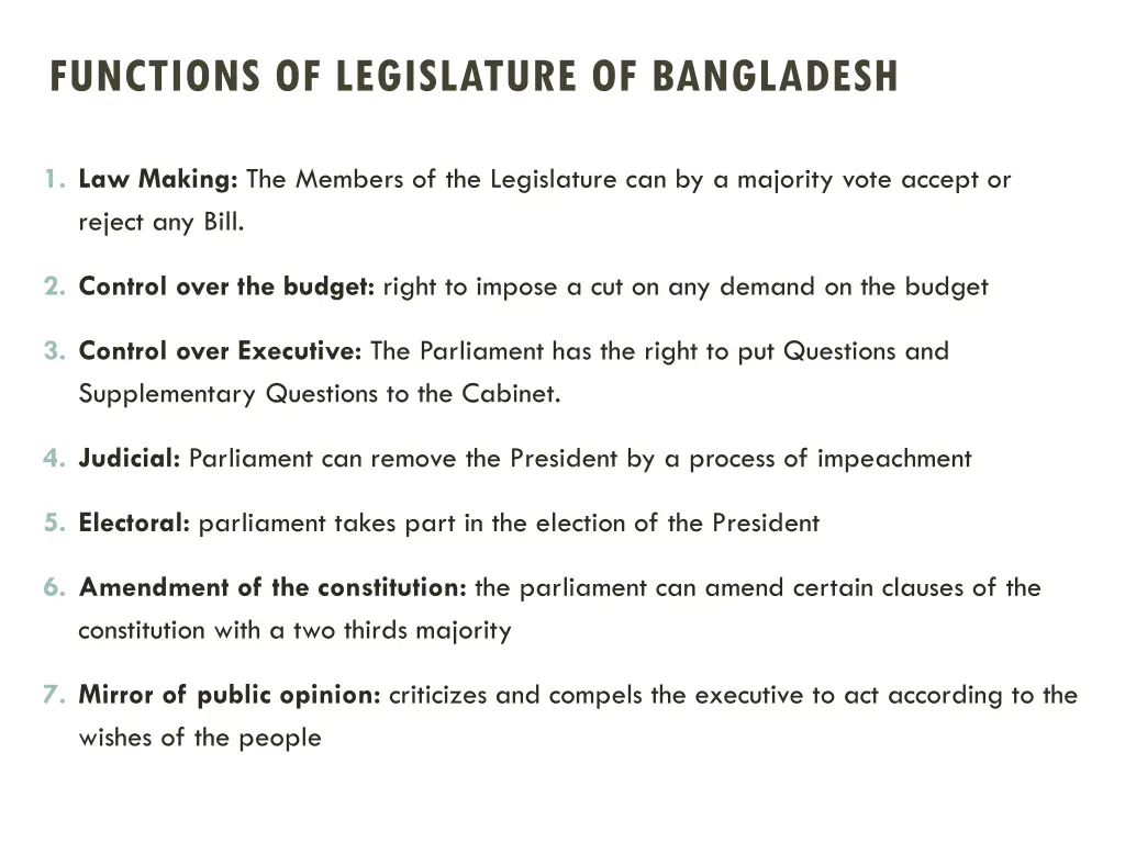 functions of legislature of bangladesh