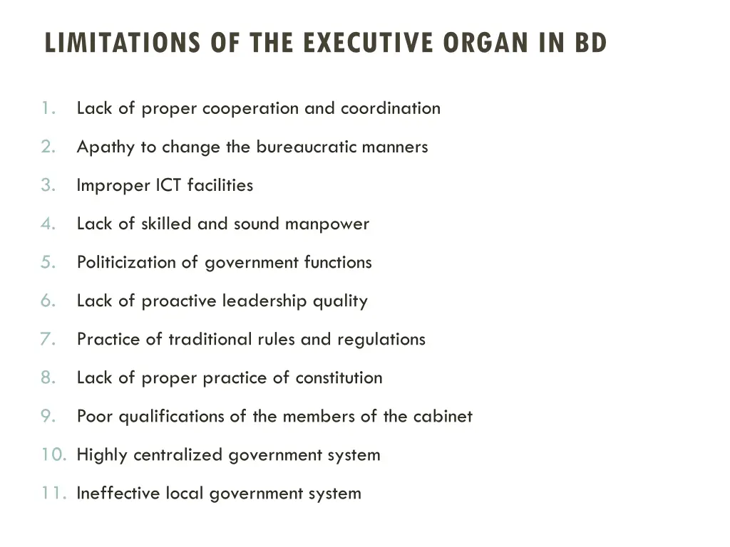 limitations of the executive organ in bd