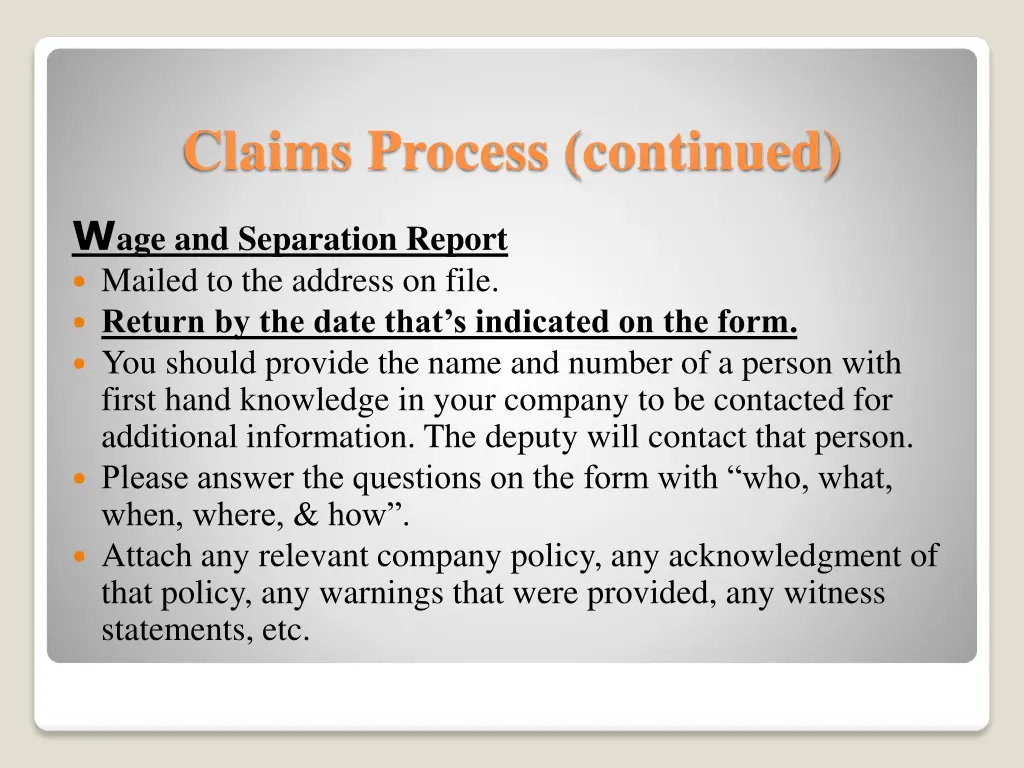 claims process continued