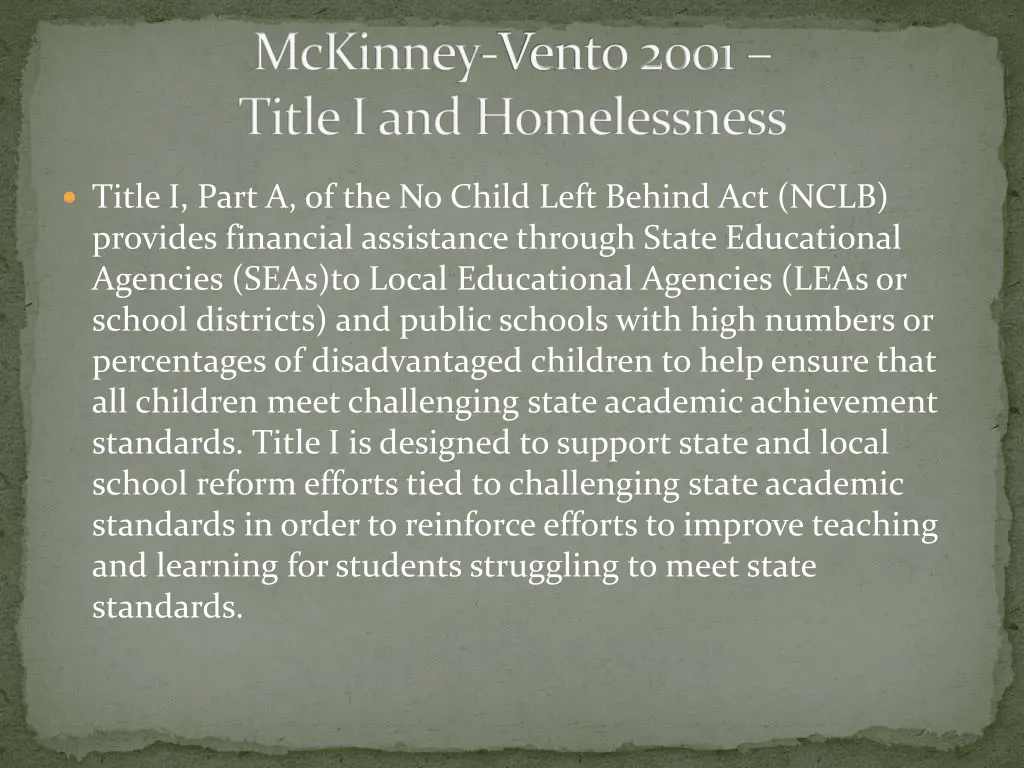 mckinney vento 2001 title i and homelessness