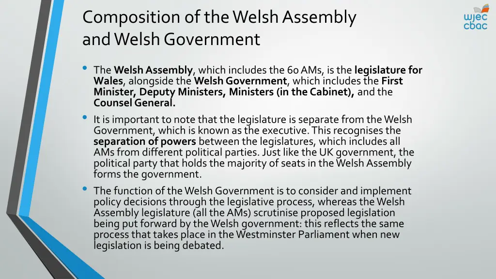 composition of the welsh assembly and welsh