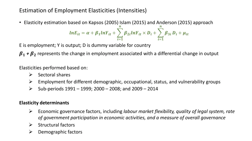 estimation of employment elasticities intensities