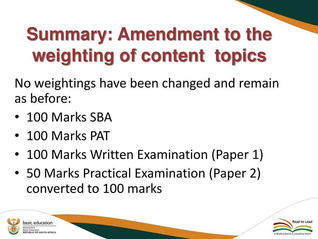 summary amendment to the weighting of content