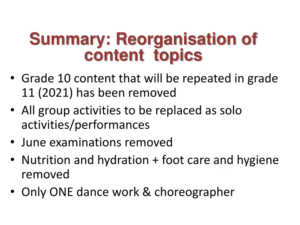 summary reorganisation of content topics grade