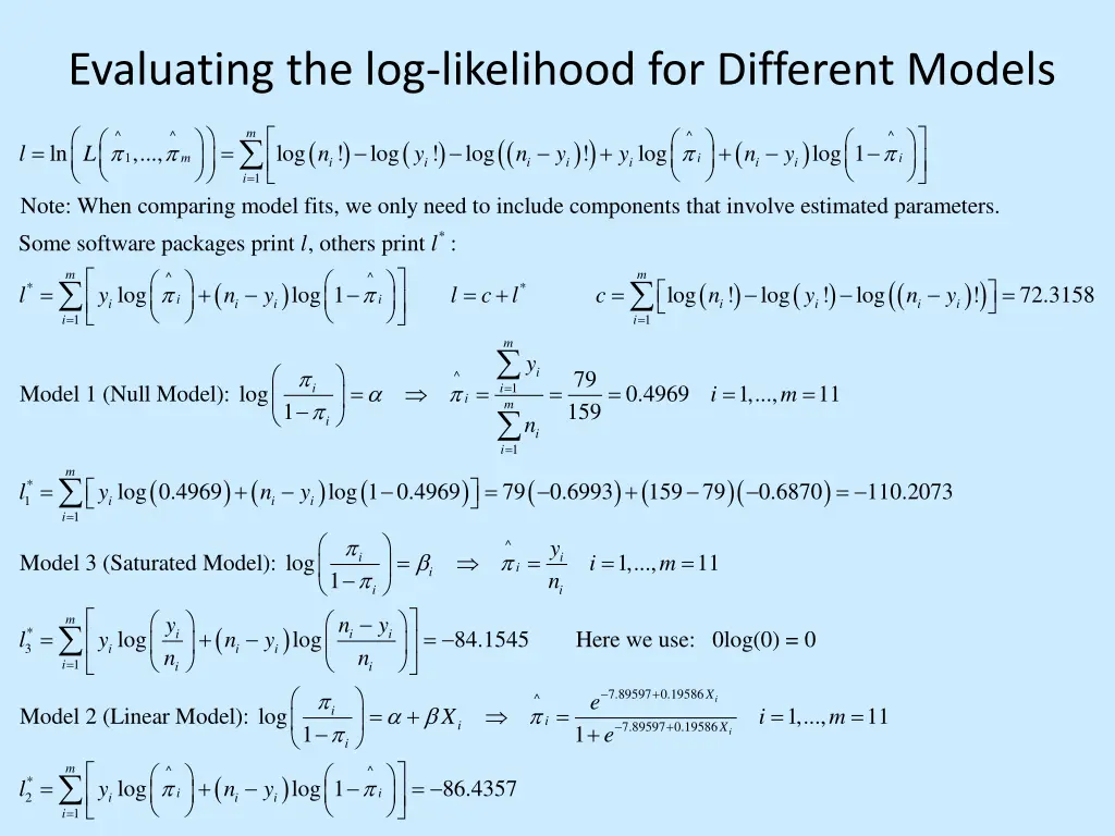 evaluating the log likelihood for different models