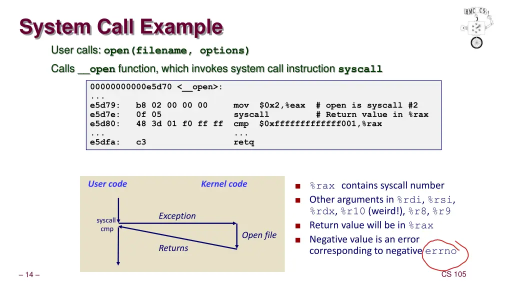 system call example user calls open filename