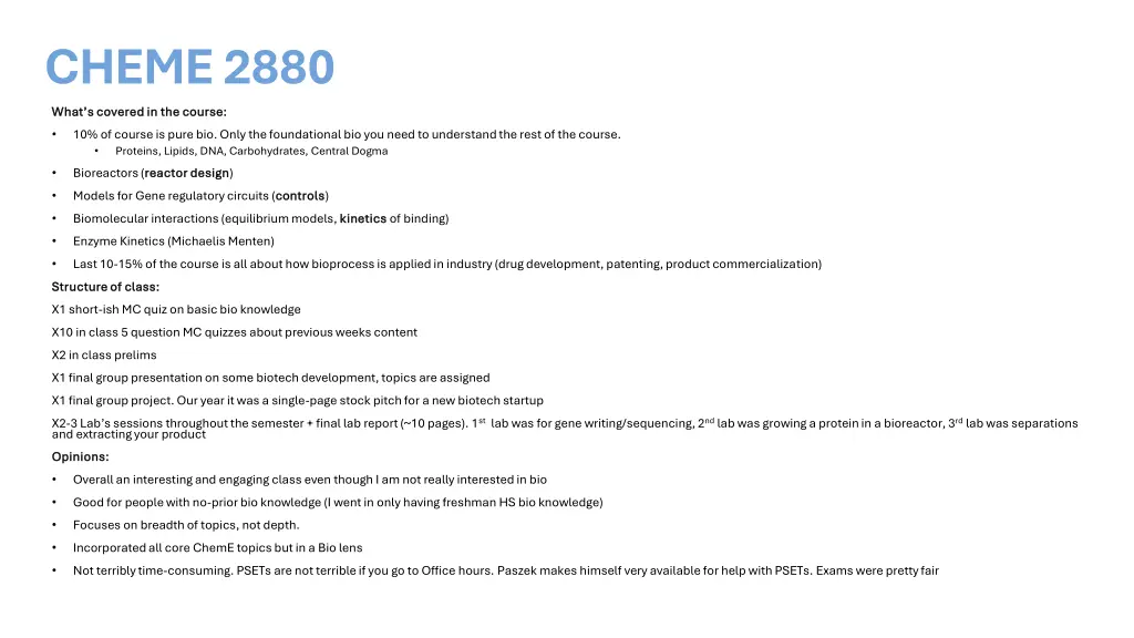 cheme 2880 what s covered in the course what