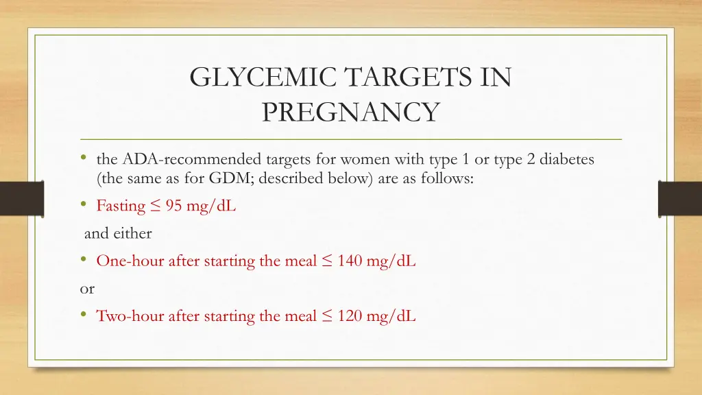 glycemic targets in pregnancy