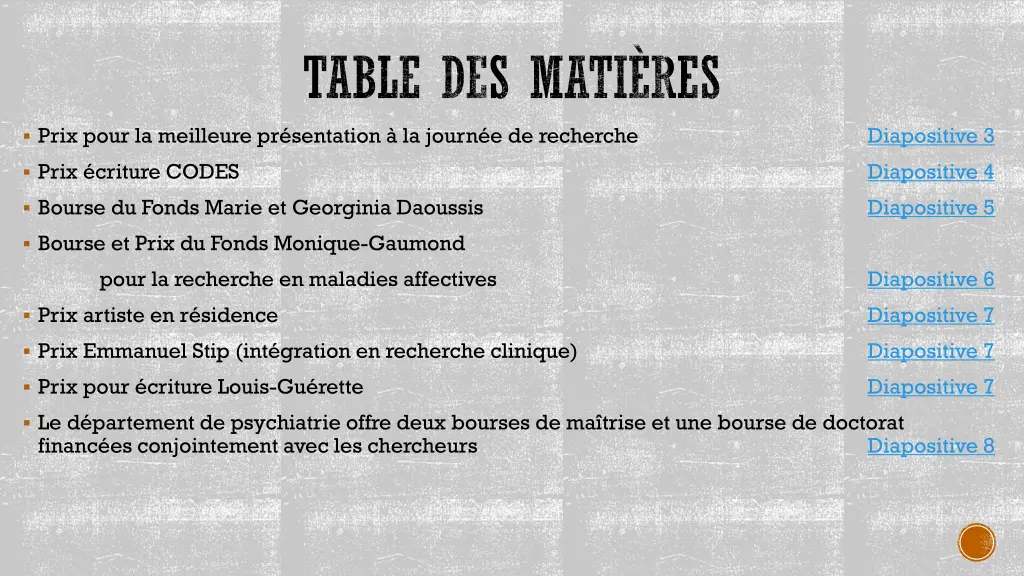 table des mati res