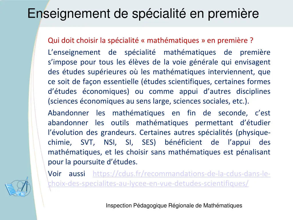 enseignement de sp cialit en premi re