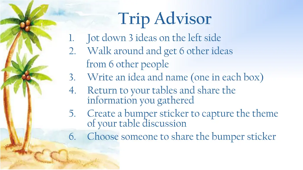 trip advisor jot down 3 ideas on the left side