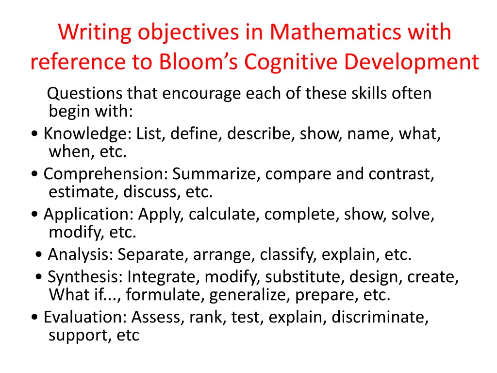 writing objectives in mathematics with reference