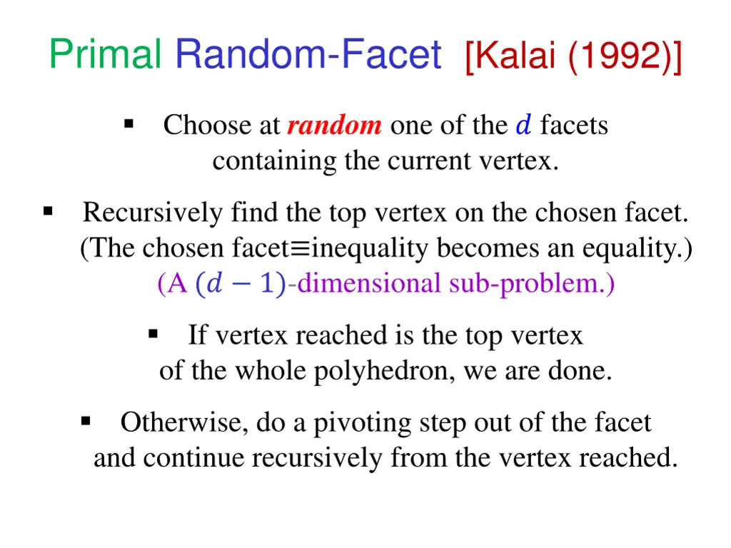 primal random facet kalai 1992