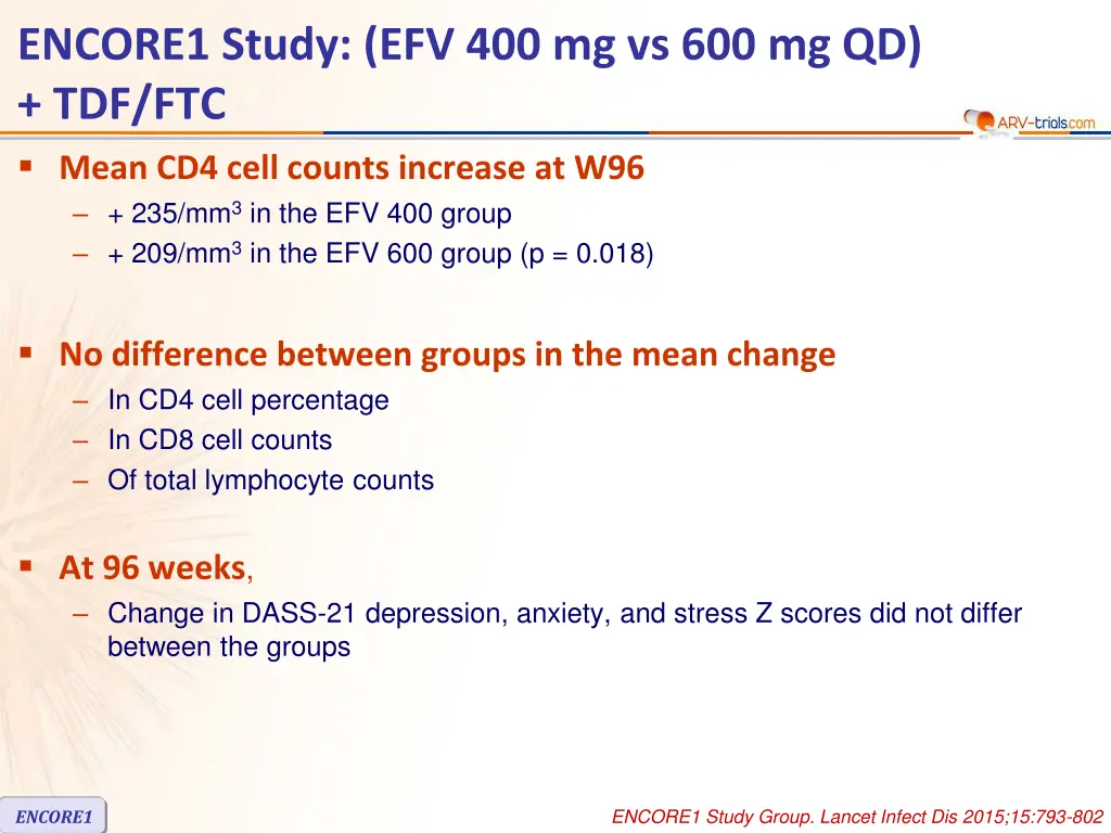 encore1 study efv 400 mg vs 600 mg qd tdf ftc 4
