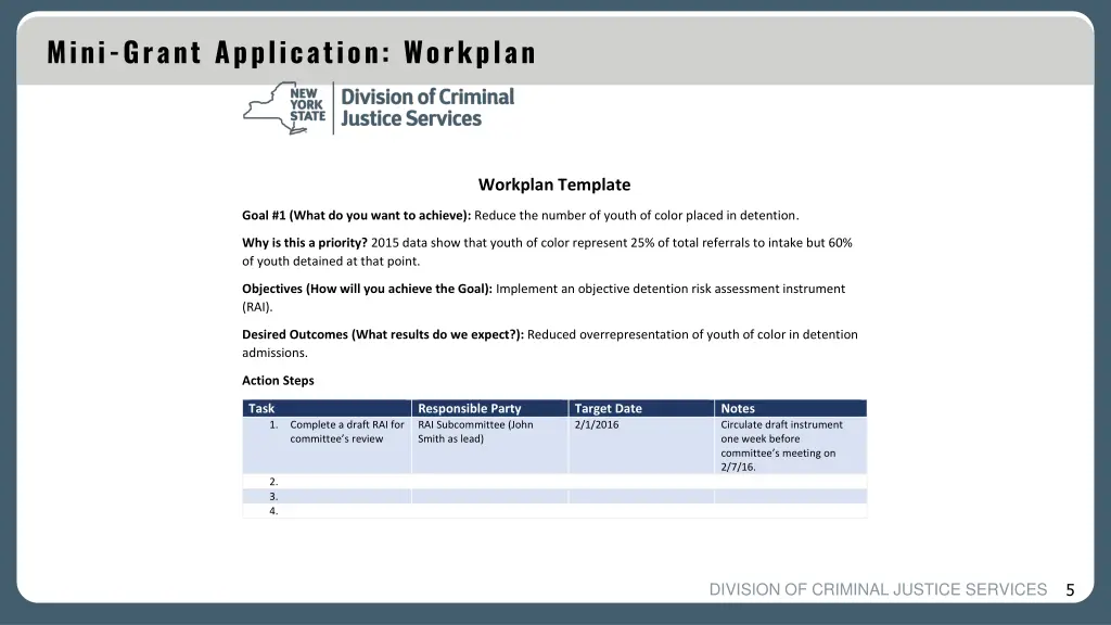 mini grant application workplan