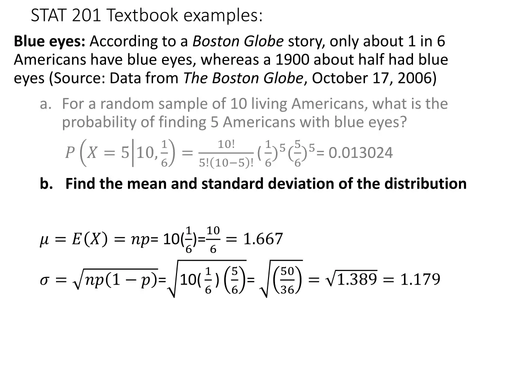 stat 201 textbook examples blue eyes according