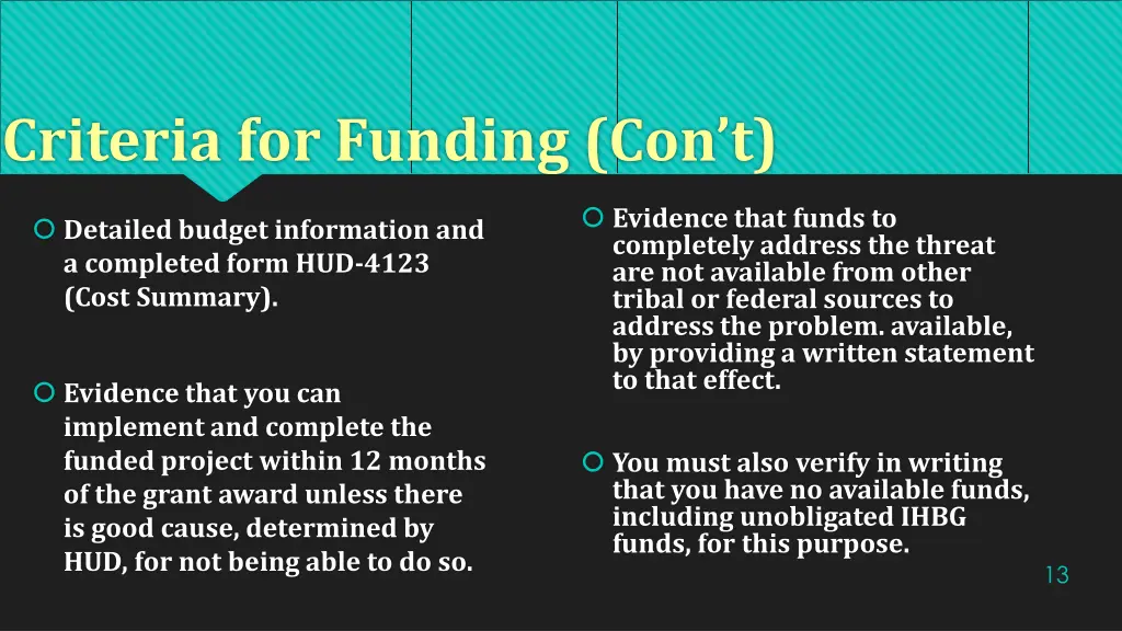 criteria for funding con t