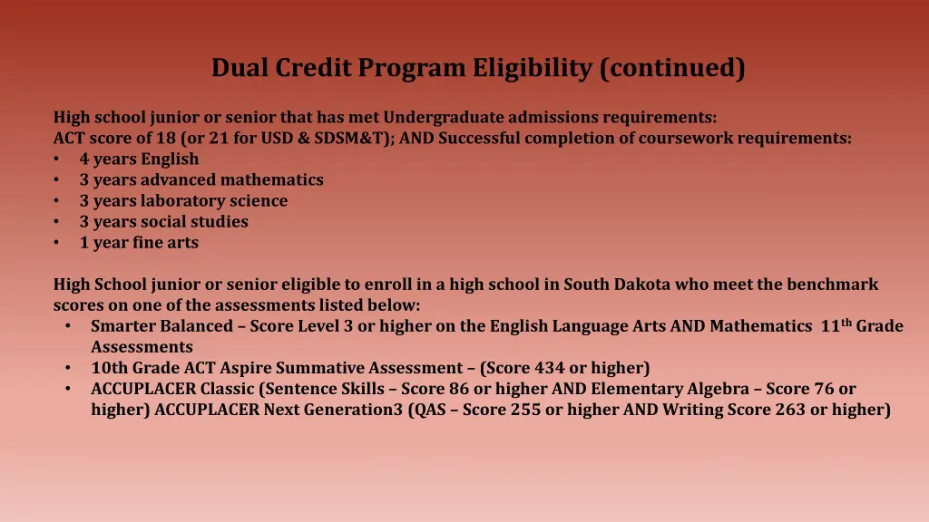 dual credit program eligibility continued